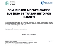 Comunicado a  Beneficiarios Subsidio de tratamiento
